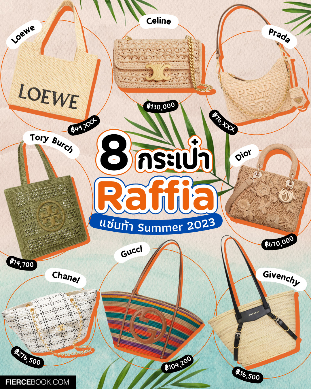 Fashion, กระเป๋า, กระเป๋าสาน, Raffia Bag, Summer 2023, ใยธรรมชาติ, กระเป๋าผู้หญิง, ไปทะเล, พักร้อน, Celine Chain Shoulder Bag Triomphe in Raffia, Dior Medium Lady D Lite Bag, Loewe Medium Loewe Font Tote in Raffia, Gucci Tote Bag with Round Interlocking G, Tory Burch Ella Hand-Crocheted Tote, Givenchy Medium Voyou Basket Bag in Raffia, Prada Re-Edition Crochet Mini-Bag, Chanel Shopping Bag Raffia Effect Braided Tweed Gold Tone Metal