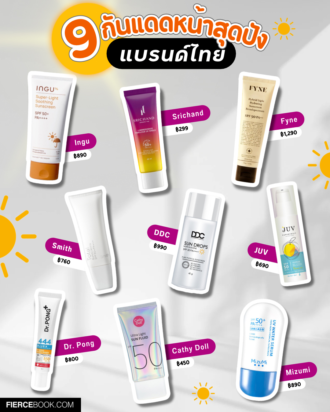 Beauty Items, ครีมกันแดด, กันแดด, กันแดดหน้า, แบรนด์ไทย, ถูกและดี, ใช้ดี, ไม่แพง, Srichand Luminescence Fabulous UV Shield SPF50+ PA++++, MizuMi UV Water Serum SPF50+ PA++++, JUV Water Gel UV Protection SPF50 PA++++, Fyne Hybrid Light Hydrating Sunscreen Broadspectrum SPF50 PA+++, Dr. Pong 444 BlueX iron oxide plus melanin hybrid sunscreen SPF50 Ectoin Niacinamide, DDC Sun Drops Non Silicone SPF 50 PA++++, Smith Total Sunscreen SPF50+ PA+++, Cathy Doll Ultra Light Sun Fluid SPF50 PA++++, Ingu Super-Light Soothing Sunscreen SPF 50+ PA++++