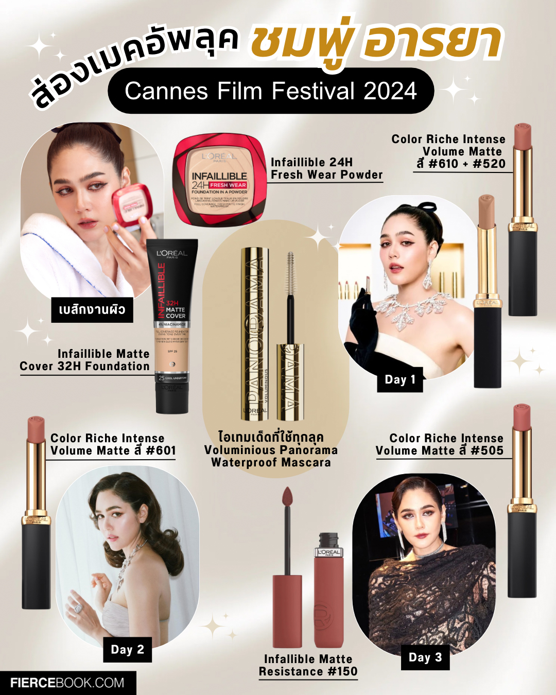 Beauty News, เมคอัพ, Makeup look, ชมพู่, อารยา เอ ฮาเก็ต, พรมแดง, เทศกาลหนังเมืองคานส์ 2024, Cannes Film Festival 2024, Day 1, Day 2, Day 3, L’Oreal Paris, มาสคาร่า, ลิปสติก, สีลิป, แม่ชม, แป้ง, รองพื้น, ลอรีอัล ปารีส